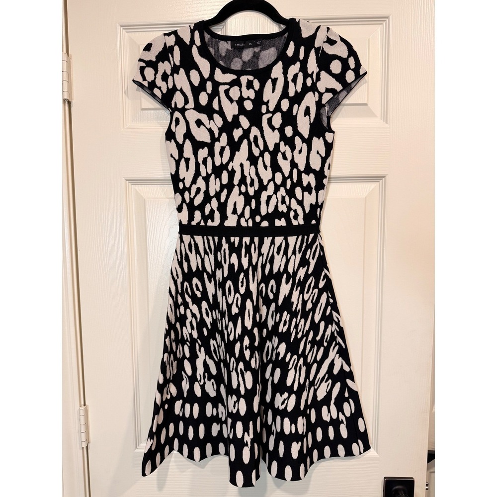 #B3 Karen Millen Fit and Flare Dress Sz. XS Black White Animal Knit MSRP: $225 - Picture 2 of 10